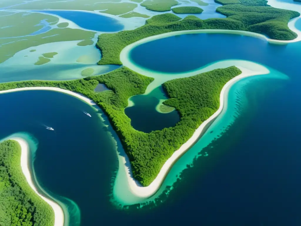 Vista aérea de un delta fluvial verde exuberante que se encuentra con el mar, con barcos y vida silvestre en el agua y humedales circundantes