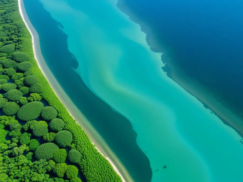 Vista aérea de delta fluvial y mar, aguas azules, vegetación diversa, aves