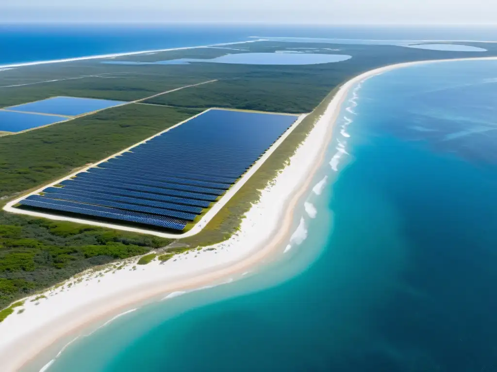 Vista aérea de una desaladora solar entre dunas costeras, con el resplandeciente océano al fondo