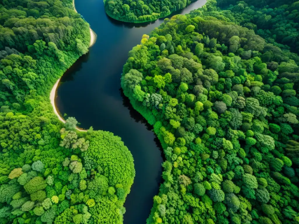 Vista aérea deslumbrante de un ecosistema diverso, exuberante y vibrante, que destaca la importancia de la conservación de ecosistemas y políticas