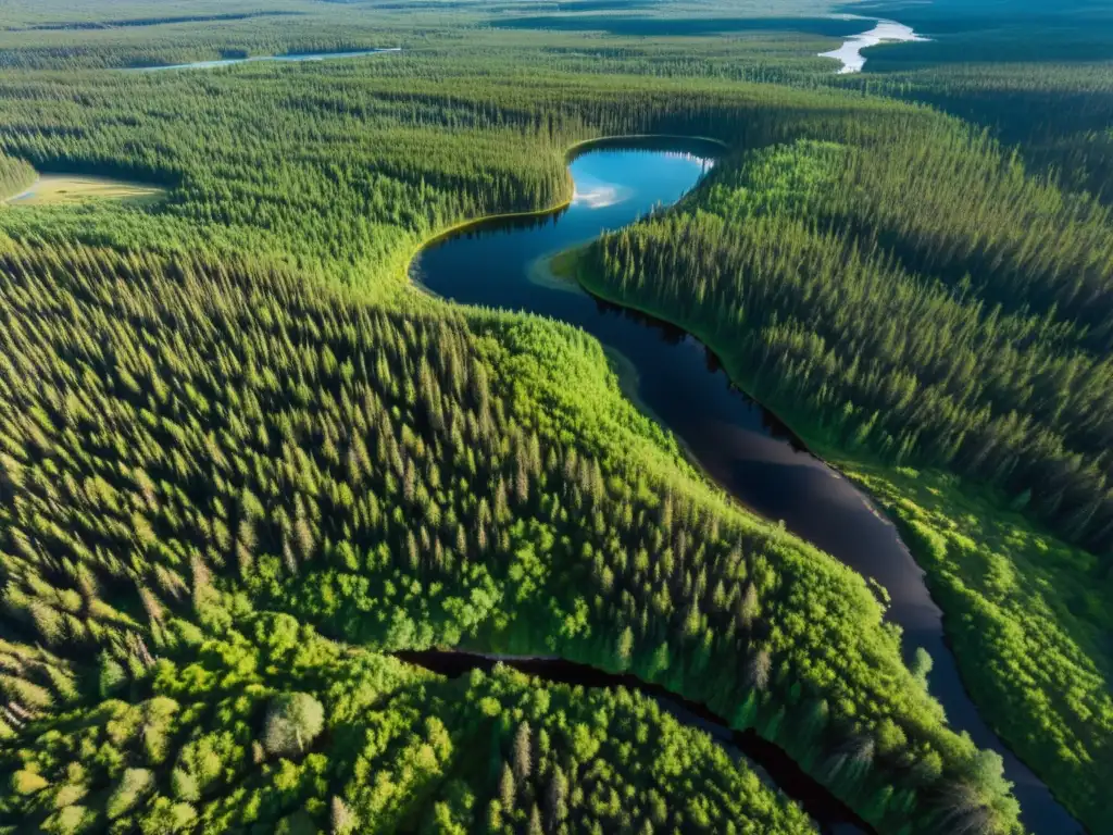 Vista aérea deslumbrante del exuberante bosque boreal de la taiga, con árboles coníferos verdes que se extienden hasta donde alcanza la vista