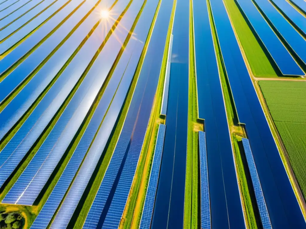 Vista aérea deslumbrante de granja solar extensa, paneles brillantes capturan luz