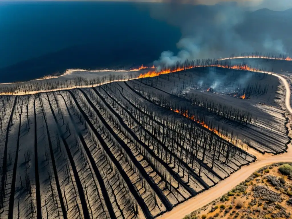 Vista aérea desoladora del impacto ecológico de incendios forestales en el Mediterráneo, con tierra quemada y árboles carbonizados