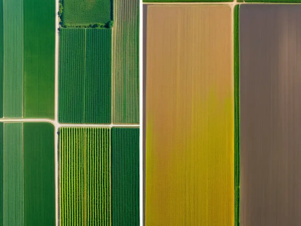 Vista aérea detallada de campos: uno ecológico rebosante de vida y color, el otro uniforme y tratado químicamente