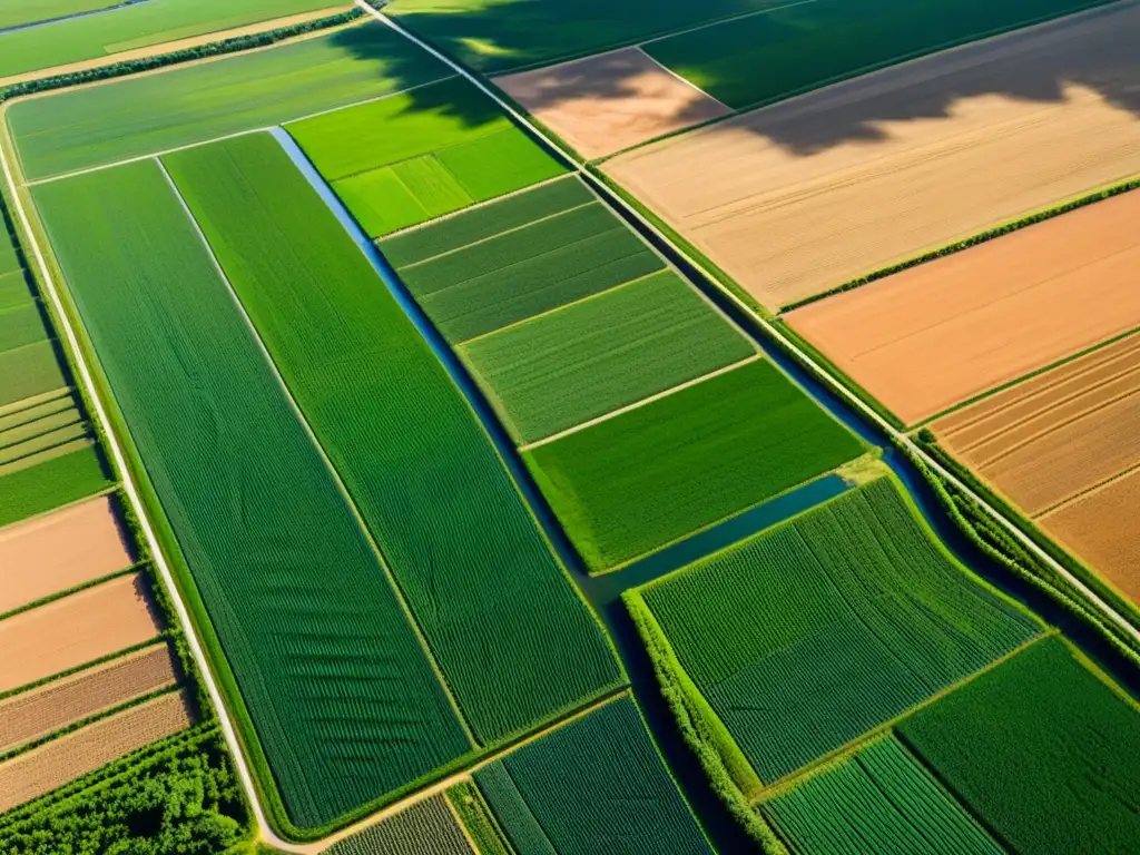 Vista aérea detallada de campos agrícolas con red de canales de riego, resaltando la importancia del riego en ecosistemas