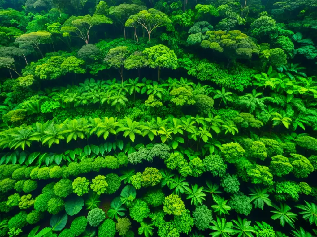 Vista aérea detallada de exuberante selva tropical