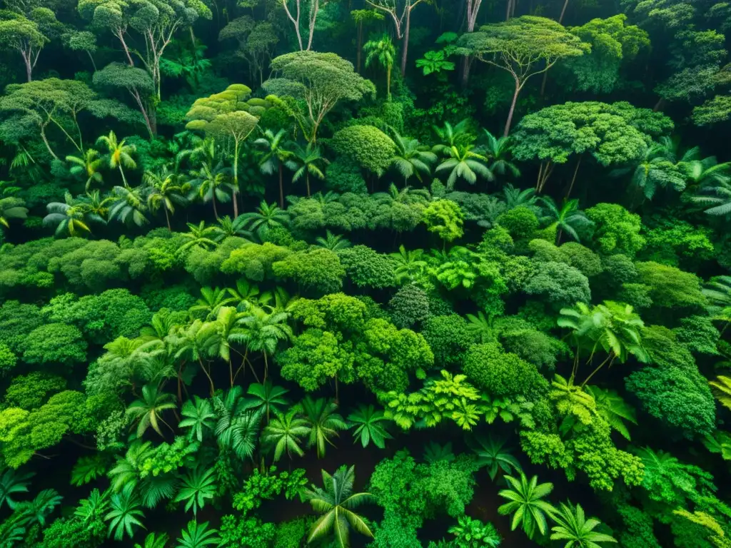 Vista aérea detallada de un exuberante dosel de selva tropical con luz solar filtrándose entre la densa vegetación