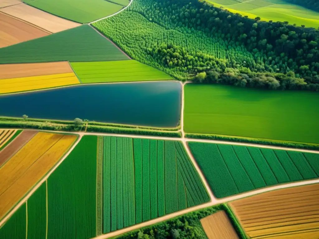 Vista aérea detallada de paisaje agrícola indígena muestra biodiversidad y prácticas sostenibles