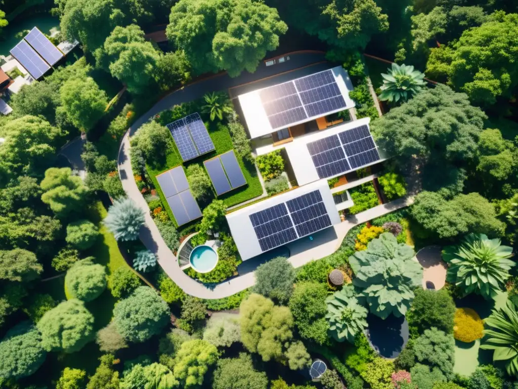 Vista aérea de una eco aldea sostenible, con jardines en azoteas, paneles solares y senderos peatonales interconectados