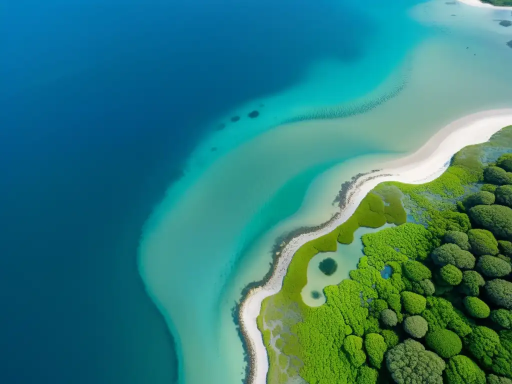 Vista aérea de ecosistema costero, resaltando la biodiversidad marina y la importancia en el transporte sostenible zonas costeras