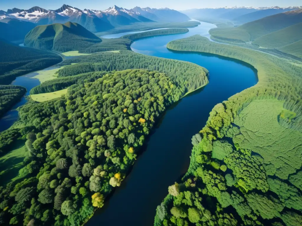 Vista aérea de ecosistema diverso, con bosques verdes, ríos sinuosos y montañas nevadas bajo cielo azul