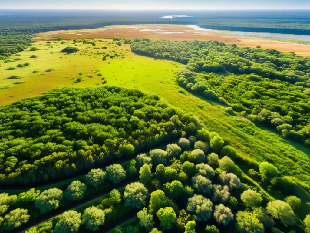 Vista aérea de un ecosistema diverso y exuberante con opciones ecológicas para céspedes alternativos, destacando su belleza natural y resistencia