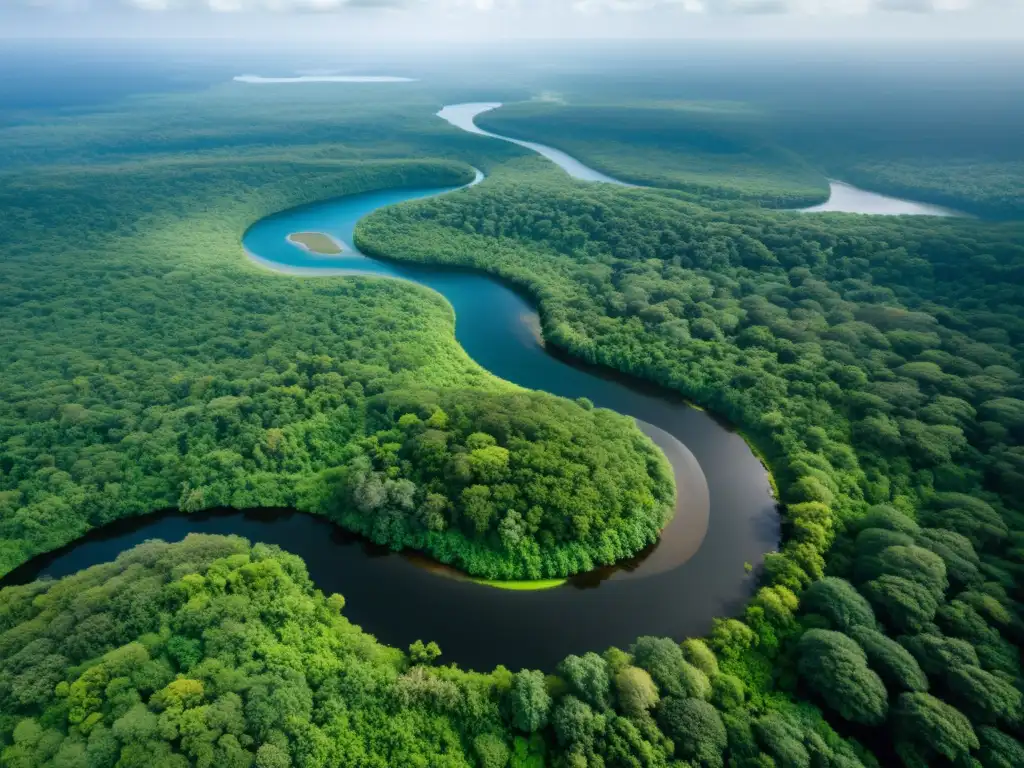 Vista aérea de un ecosistema diverso y próspero con un denso bosque, un río sinuoso y variedad de vida silvestre