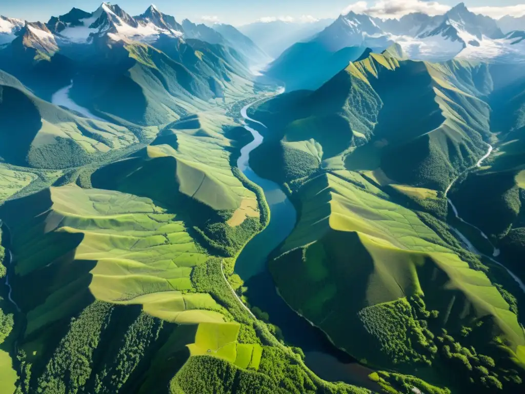 Vista aérea de ecosistemas de montaña con adaptación al cambio climático, resaltando su belleza y vulnerabilidad