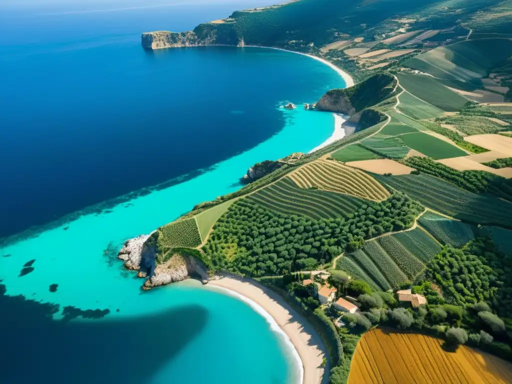 Vista aérea de los diversos ecosistemas en Sicilia Mediterráneo, con su costa escarpada, colinas y exuberante vegetación