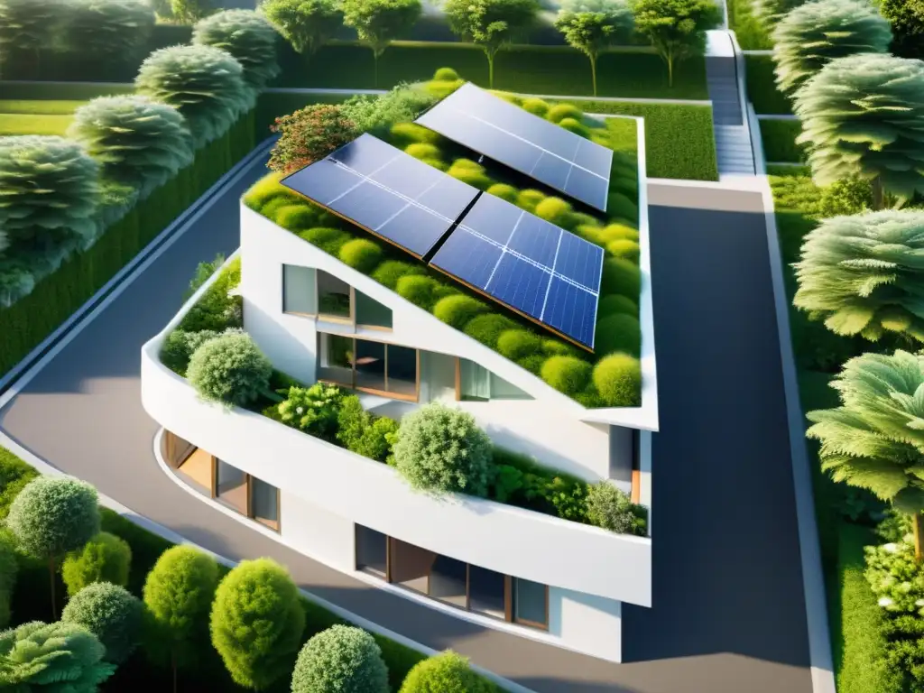 Vista aérea de edificio residencial moderno con techo verde y paneles solares integrados