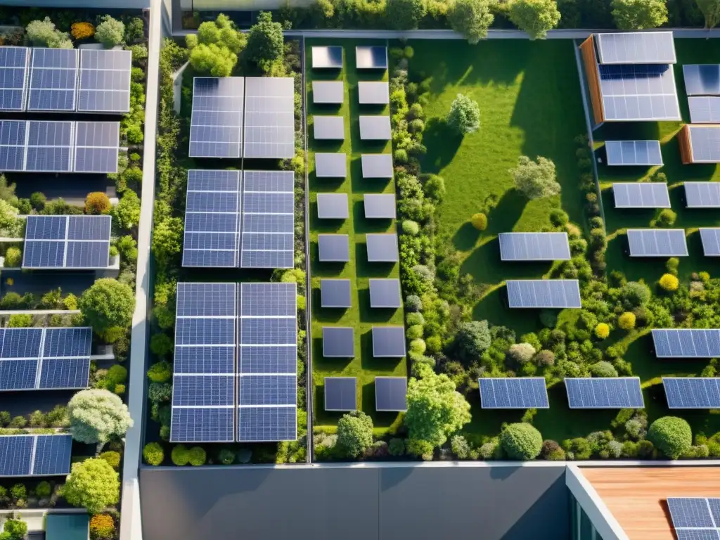 Vista aérea de un edificio urbano moderno con un techo verde lleno de paneles solares integrados