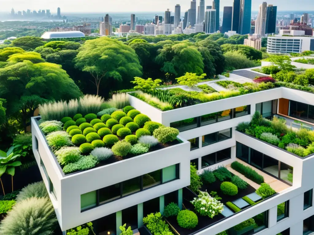 Vista aérea de edificio urbano con jardines en la azotea integrando naturaleza en la ciudad