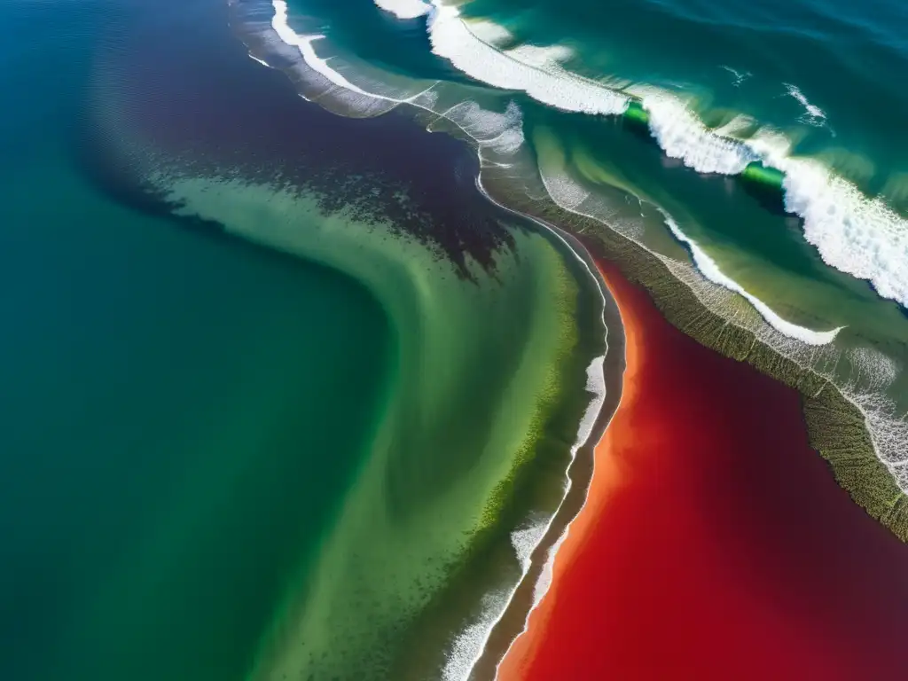 Vista aérea de expansiva marea roja impacto ecosistema marino, con agua carmesí extendiéndose hasta el horizonte