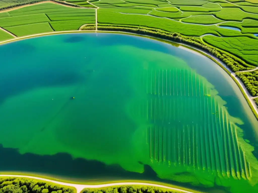 Vista aérea de una extensa granja de microalgas, reflejando un patrón hipnotizante de verdes y azules