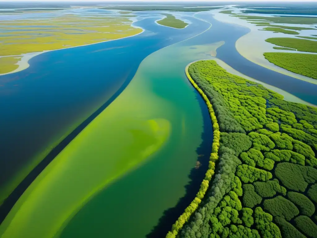 Vista aérea de un extenso humedal con diversa vegetación, reflejando la belleza de los efectos del cambio climático en humedales