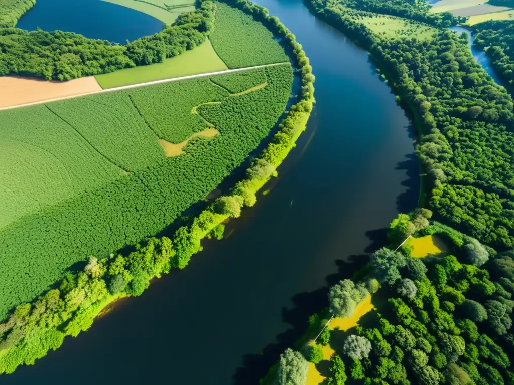 Vista aérea de un extenso sistema fluvial con exuberante vegetación en las orillas