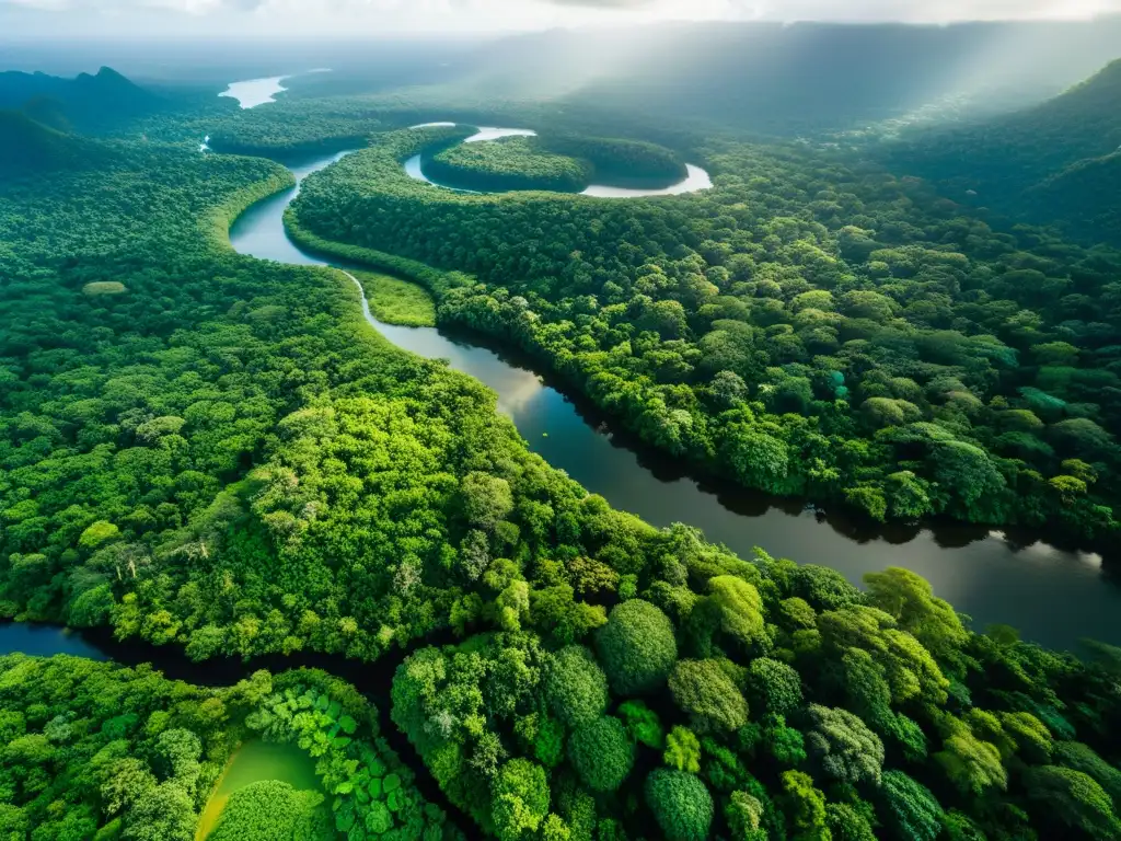 Una vista aérea de un exuberante y biodiverso bosque lluvioso, con luz solar filtrándose a través del dosel para iluminar un río serpenteante