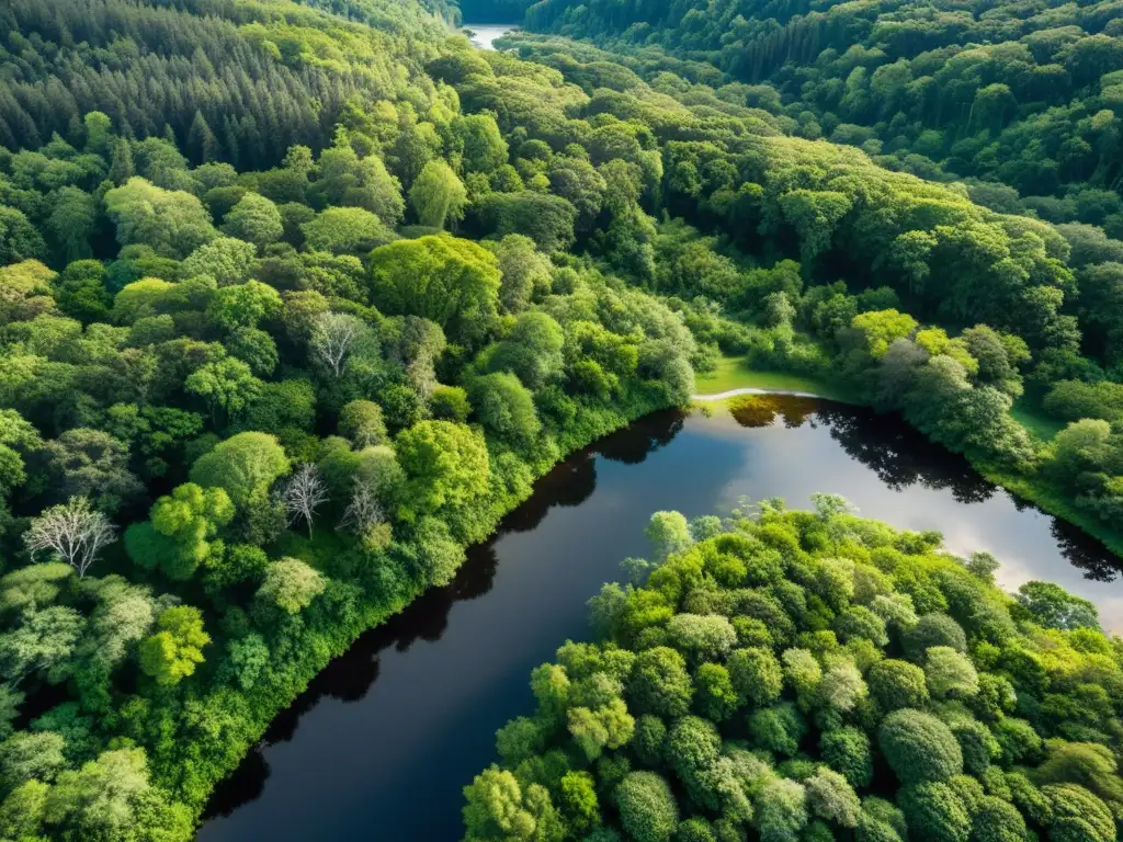 Vista aérea de exuberante bosque con río cristalino