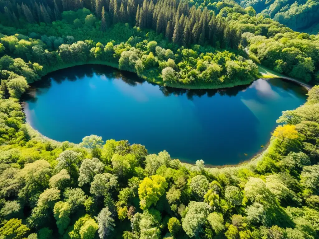 Vista aérea de un exuberante bosque con río y flores silvestres