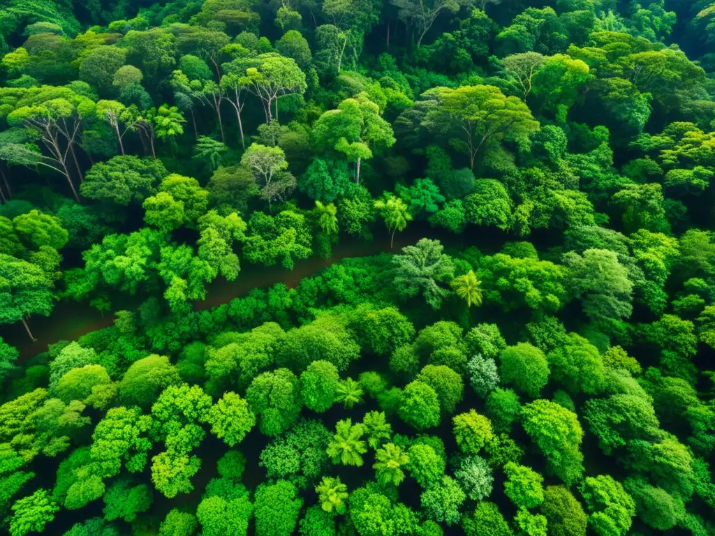 Vista aérea de un exuberante bosque verde con rayos de sol filtrándose entre las hojas