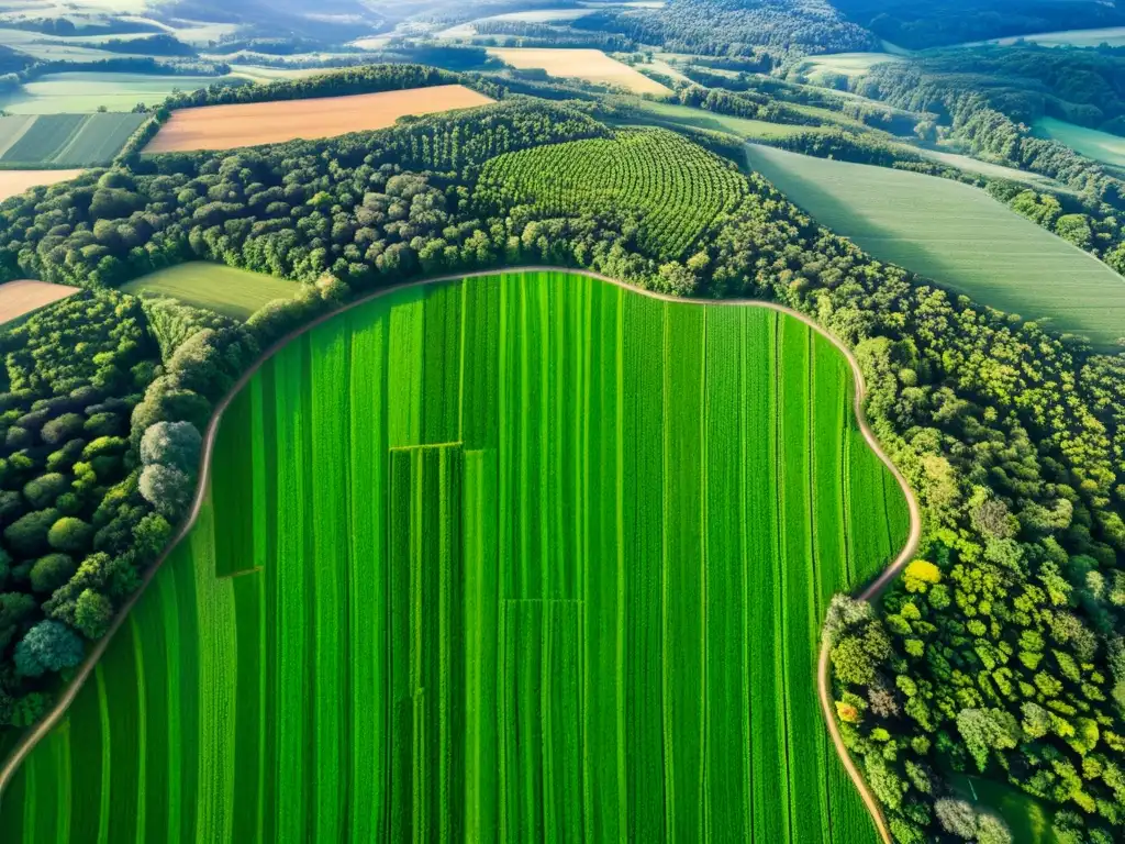 Vista aérea de exuberante bosque con cultivos verdes