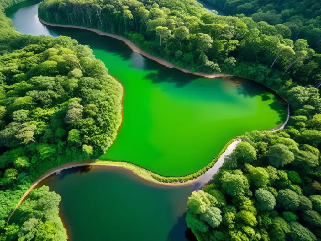 Vista aérea de un exuberante bosque verde con un río serpenteante