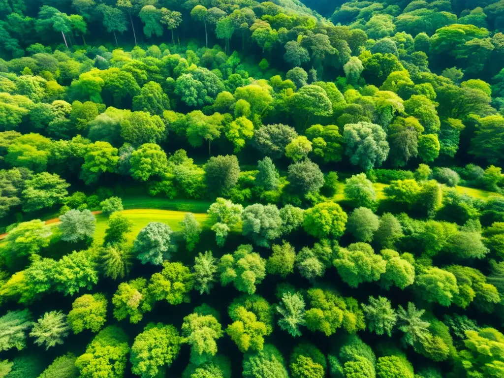 Vista aérea de un exuberante bosque verde con luz solar filtrándose a través del dosel, destacando la importancia transparencia bonos verdes en la preservación ambiental