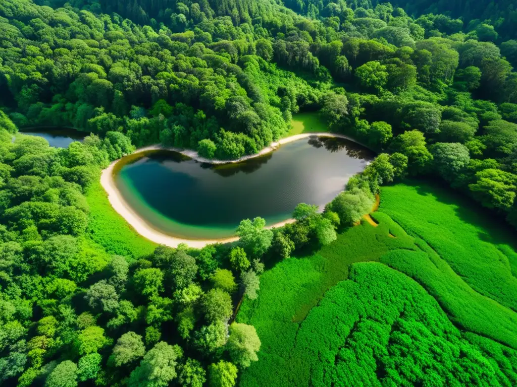 Vista aérea de un exuberante bosque verde con un arroyo, resaltando la Importancia de la transparencia en bonos verdes