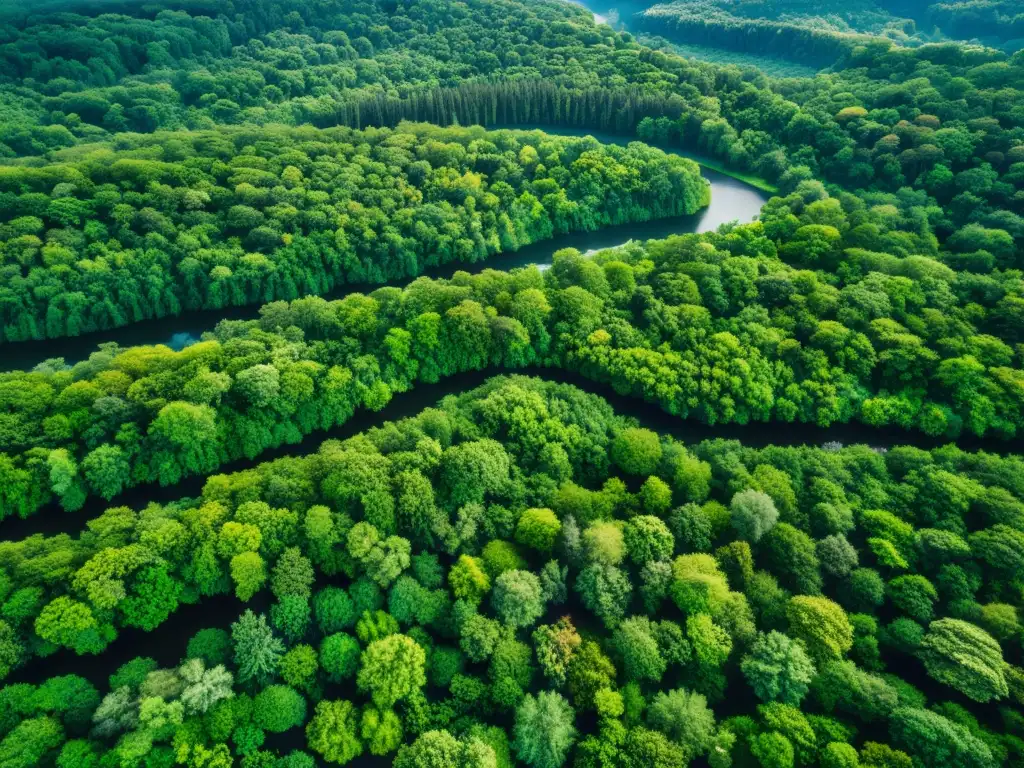 Vista aérea de un exuberante bosque verde con luz solar filtrándose a través del dosel, creando sombras en el suelo del bosque