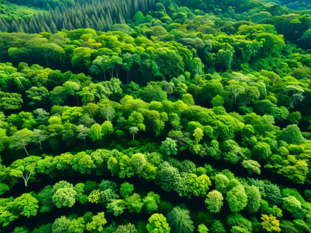 Vista aérea de un exuberante bosque, con luz solar entre el dosel y hojas verdes vibrantes