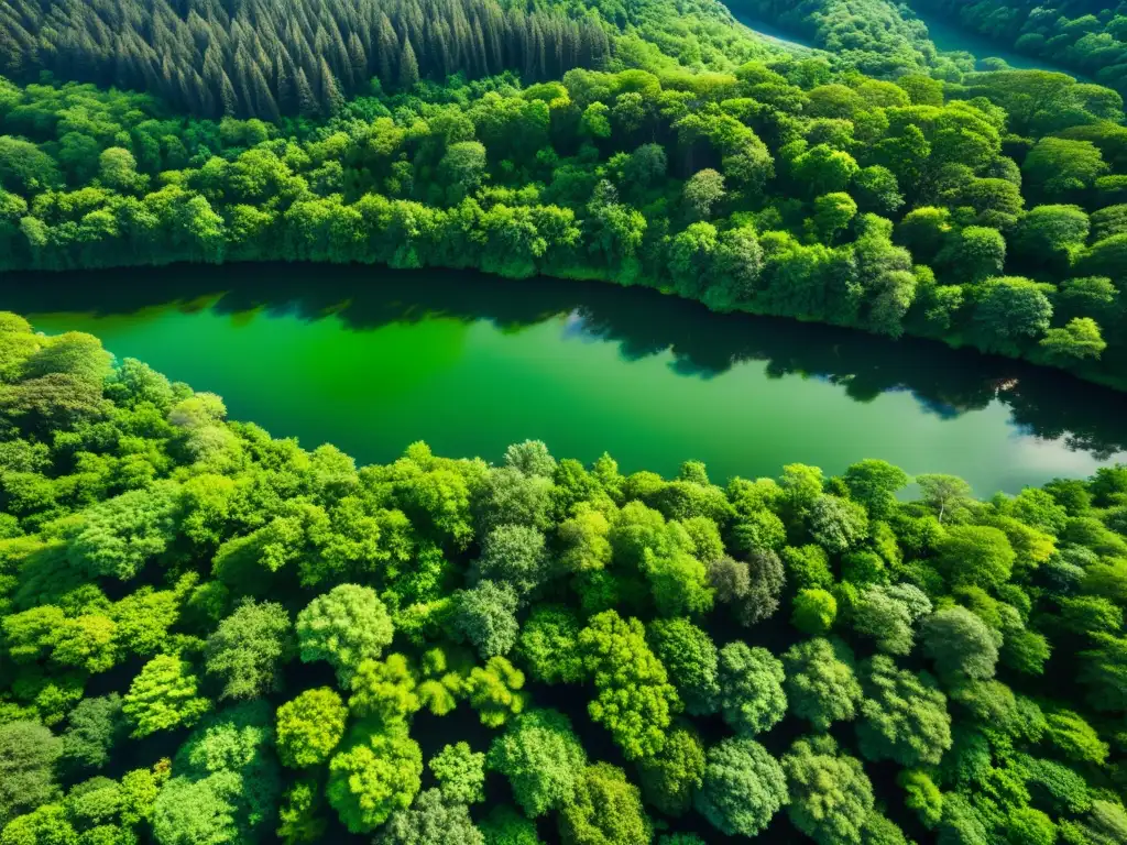 Vista aérea de exuberante bosque con río, resalta la biodiversidad y la importancia de la prevención de incendios forestales en ecosistemas