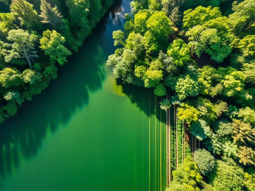 Vista aérea de un exuberante bosque verde con luz solar filtrándose