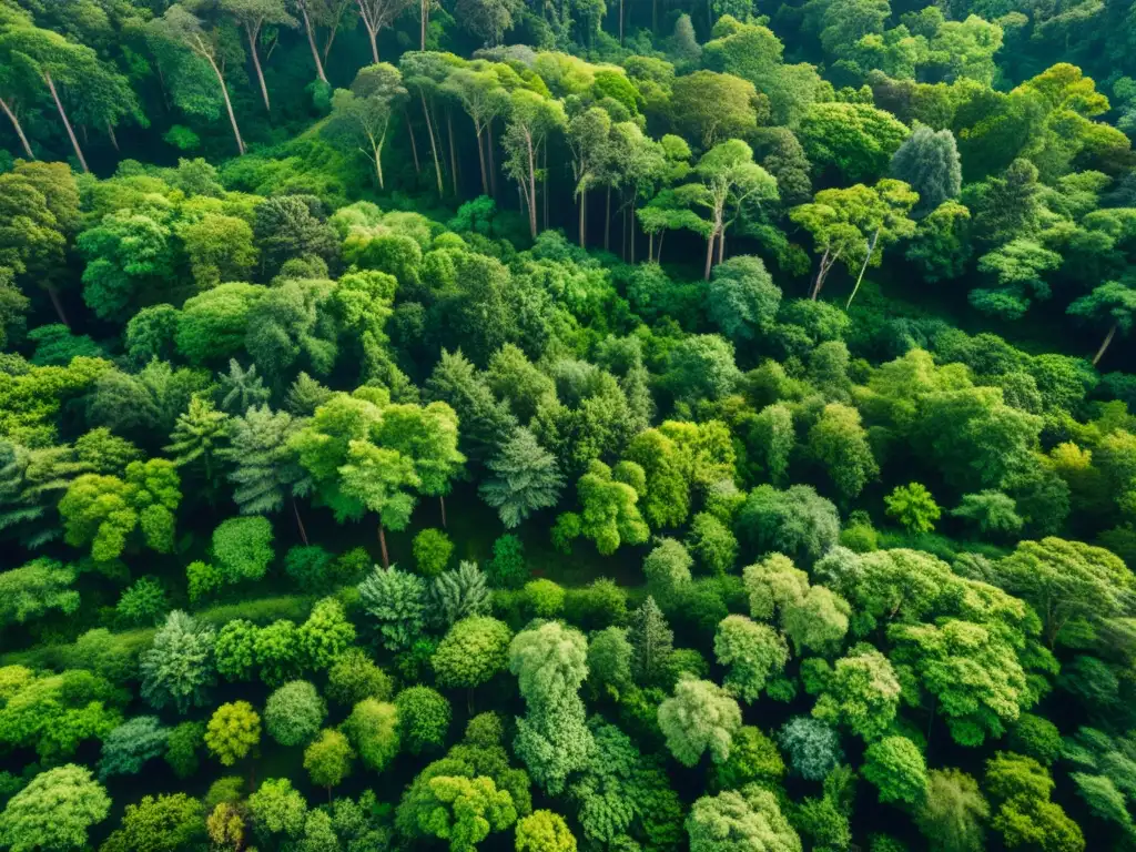 Vista aérea de un exuberante bosque, con un dosel verde vibrante y diversidad de árboles