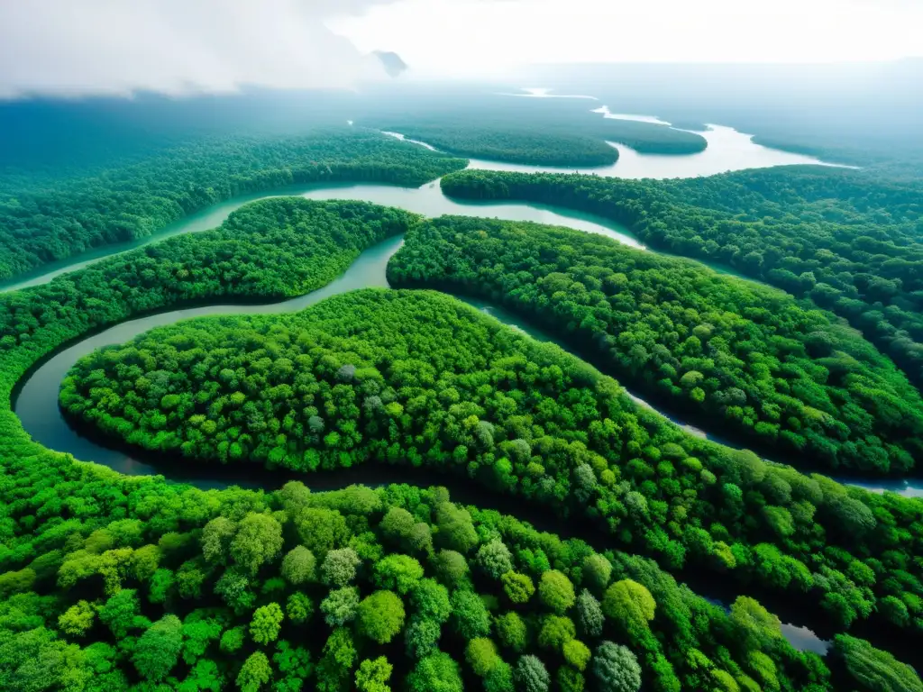 Vista aérea de un exuberante bosque con río, biodiversidad y Importancia Bonos Verdes emisores