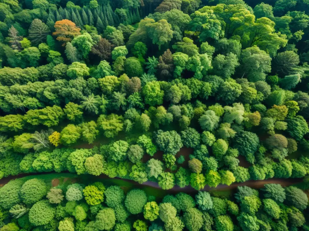 Vista aérea de un exuberante bosque biodiverso, con ríos y vida silvestre