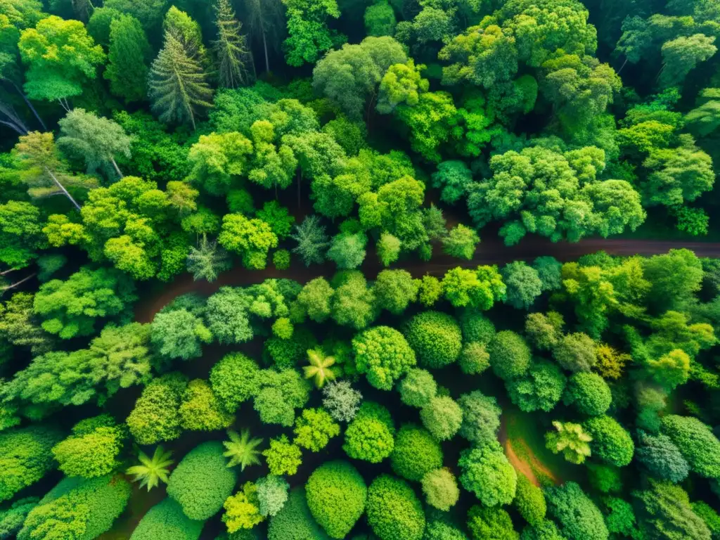 Vista aérea de un exuberante bosque, con árboles y follaje enredados, bañados por la luz solar