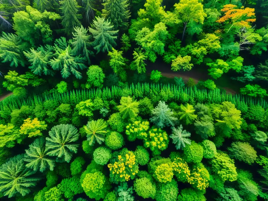 Vista aérea de un exuberante bosque verde con arroyos y flores silvestres, invita a proteger el planeta con perfumes naturales y fragancias