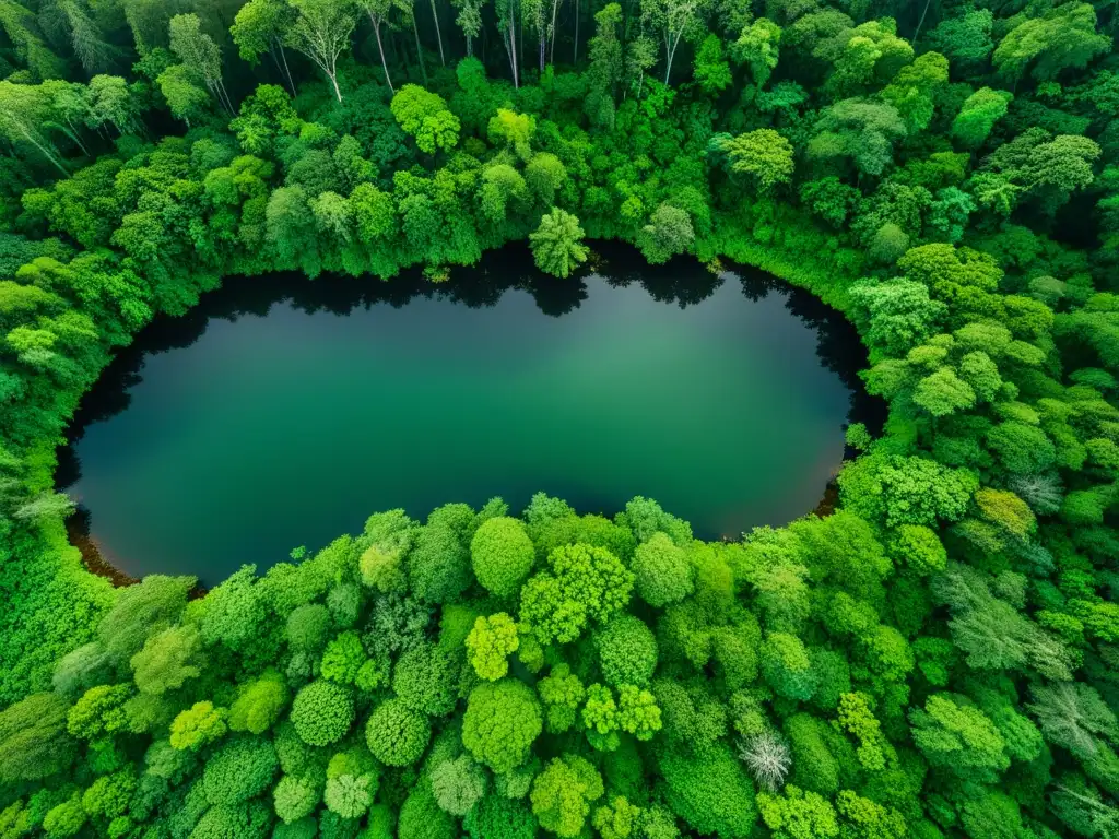 Vista aérea de un exuberante bosque restaurado, resaltando la biodiversidad y la vigilancia de la restauración con bioindicadores y sensores remotos