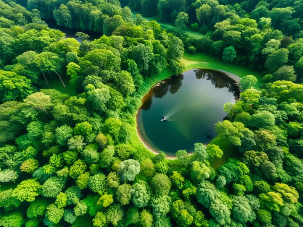 Vista aérea de un exuberante bosque con río y vida silvestre