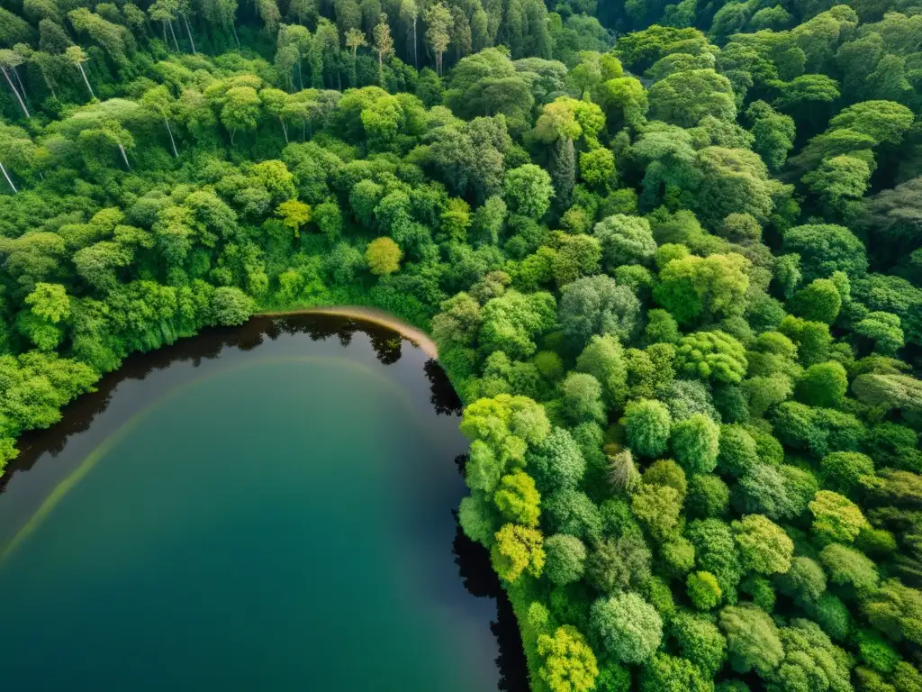 Vista aérea de un exuberante bosque capturada por un dron, destacando la diversa biodiversidad