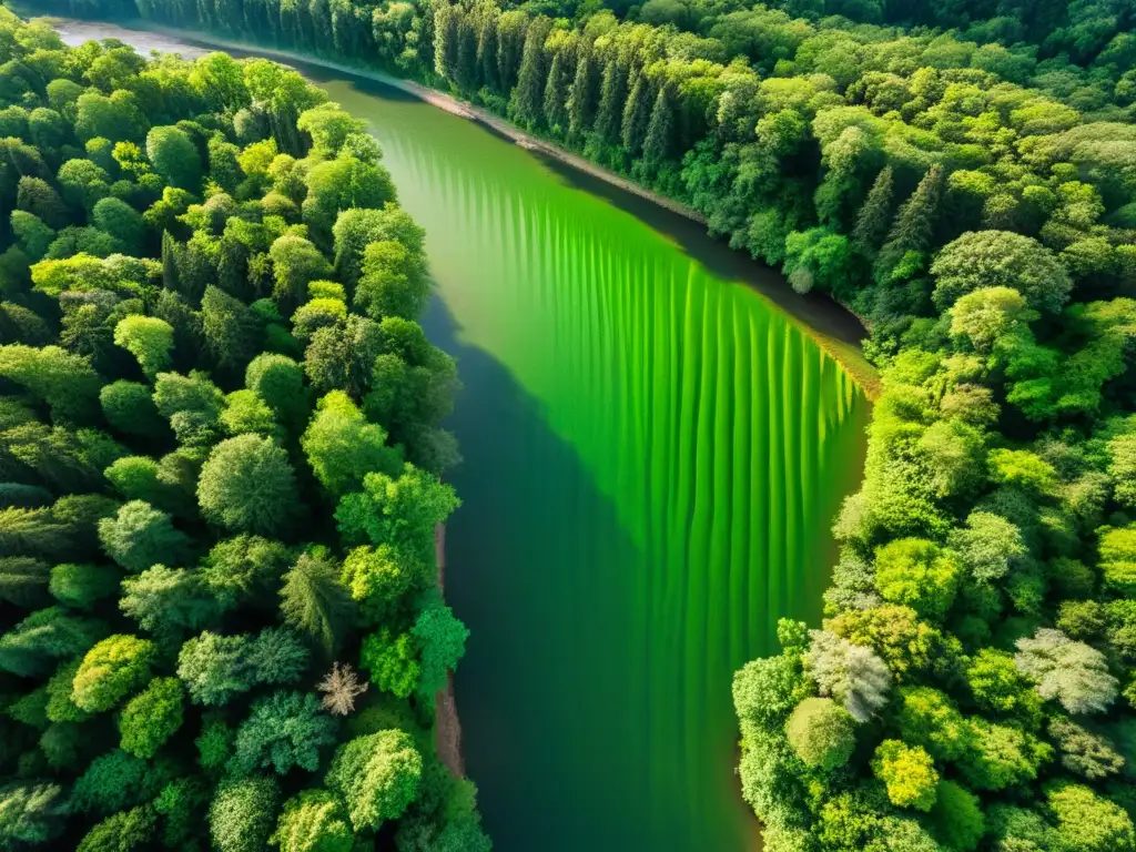 Vista aérea de un exuberante bosque verde con un río, capturada por un dron