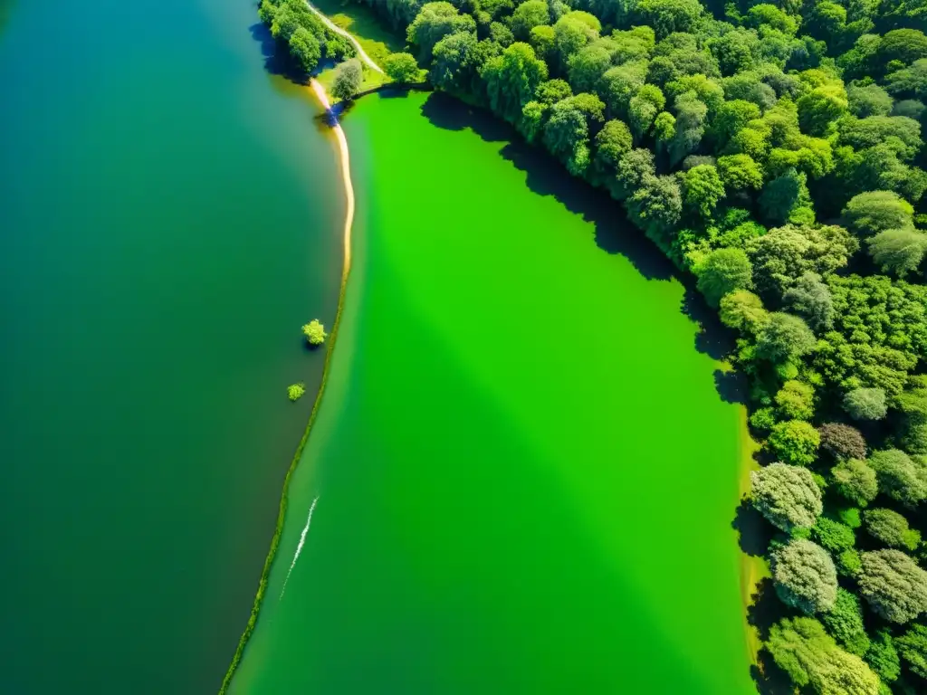 Vista aérea de un exuberante bosque verde con un río, resaltando la restauración de ecosistemas con drones y la belleza natural