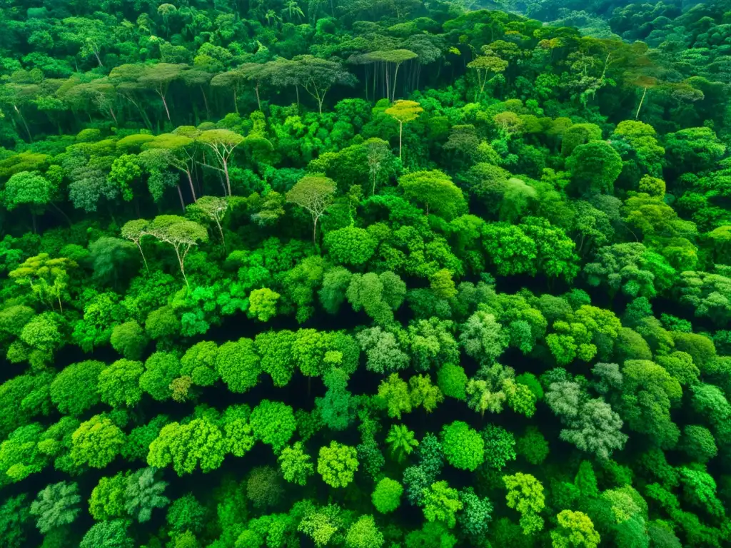 Vista aérea de un exuberante bosque tropical con rayos de sol filtrándose entre la densa vegetación