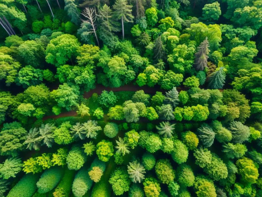 Vista aérea de un exuberante bosque con detalles de la frondosa vegetación